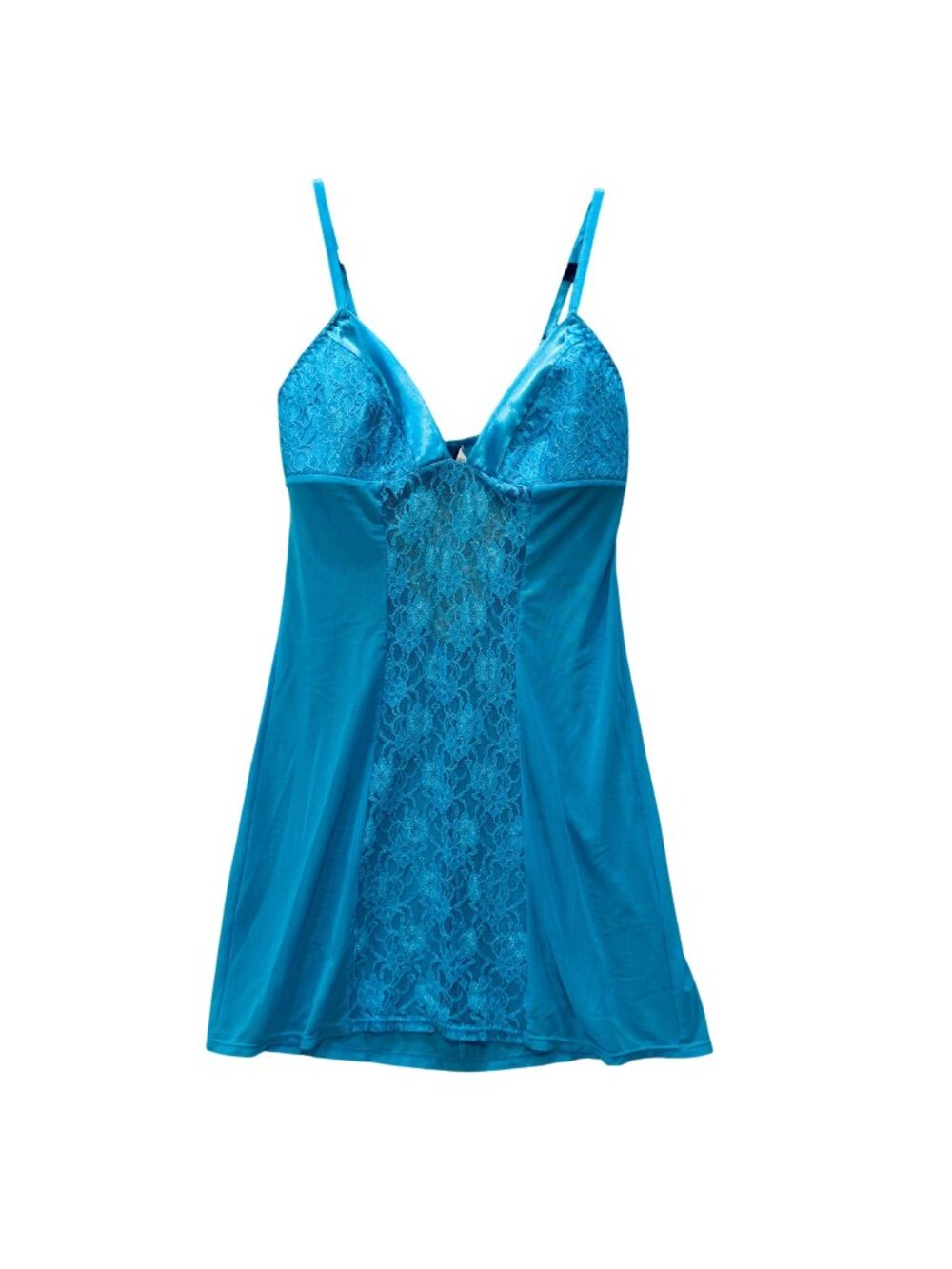 Frederick's of Hollywood Aqua Blue Teddy Chemise Size L Chiffon with Lace Panel
